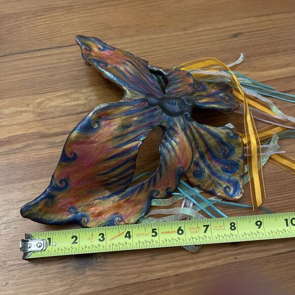 Mardi Gras Mask Butterfly Handcrafted Signed Iridescent Purple Gold - Picture 7 of 12
